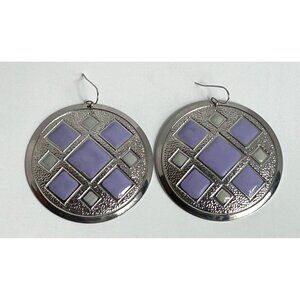 Silver & Lavender Geometric Pattern Large Aluminum Light-weight Round Earrings